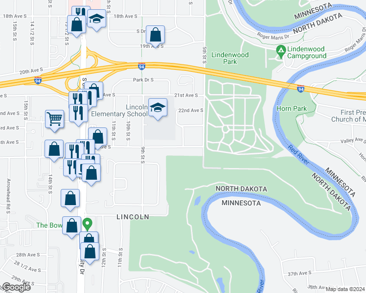map of restaurants, bars, coffee shops, grocery stores, and more near 3321 6th Street South in Fargo