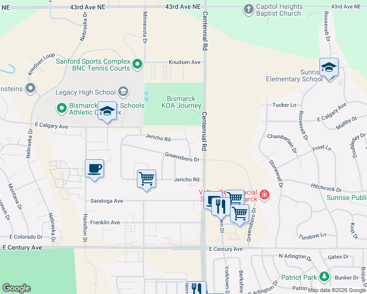 map of restaurants, bars, coffee shops, grocery stores, and more near Greensboro Drive in Bismarck