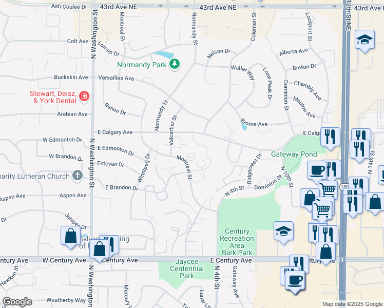 map of restaurants, bars, coffee shops, grocery stores, and more near 550 Brandon Place in Bismarck