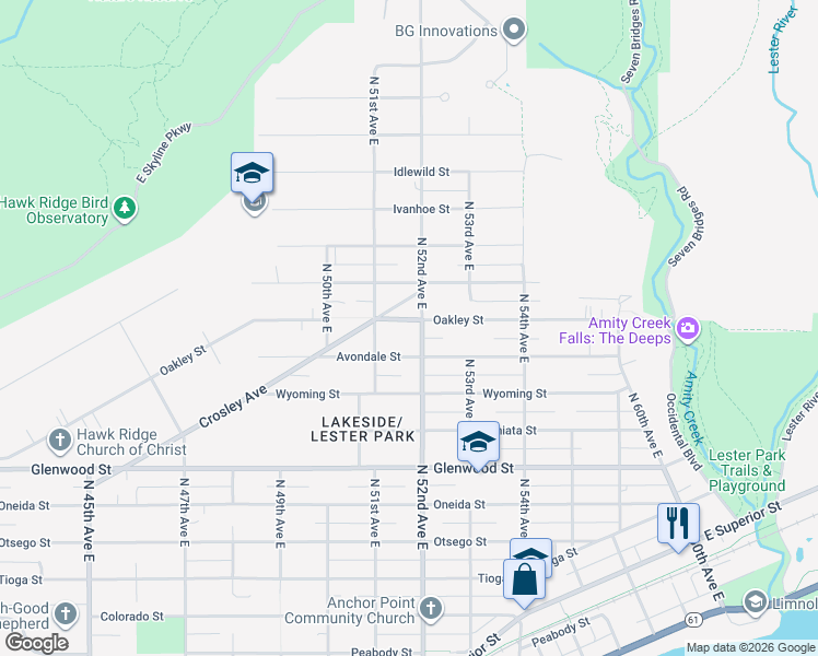 map of restaurants, bars, coffee shops, grocery stores, and more near 5127 Avondale Street in Duluth