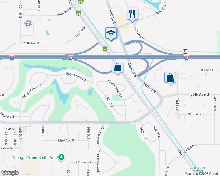 map of restaurants, bars, coffee shops, grocery stores, and more near 2864 35th Street South in Moorhead