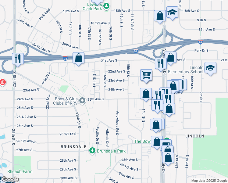 map of restaurants, bars, coffee shops, grocery stores, and more near 1532 24th Avenue South in Fargo