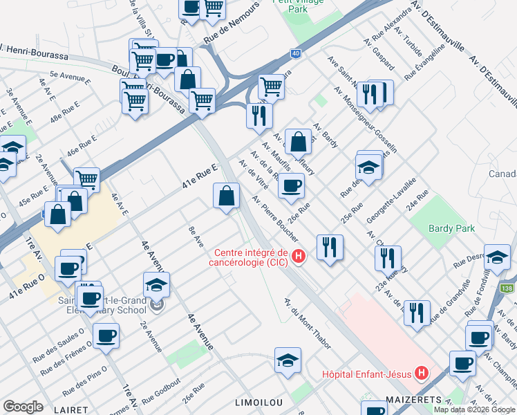 map of restaurants, bars, coffee shops, grocery stores, and more near 2677 Avenue Pierre Boucher in Québec