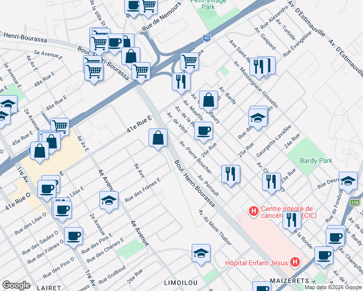 map of restaurants, bars, coffee shops, grocery stores, and more near 2677 Avenue Pierre Boucher in Québec