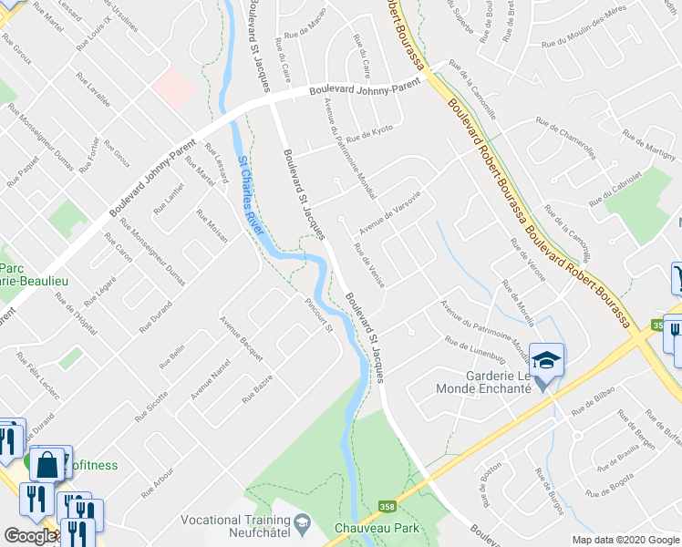 map of restaurants, bars, coffee shops, grocery stores, and more near 9536 Boulevard Saint Jacques in Québec