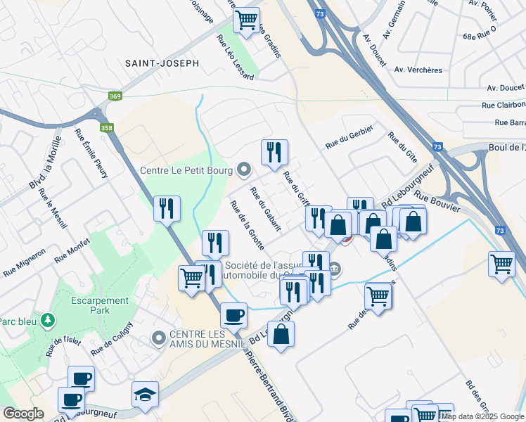 map of restaurants, bars, coffee shops, grocery stores, and more near 6405 Rue du Gabarit in Québec