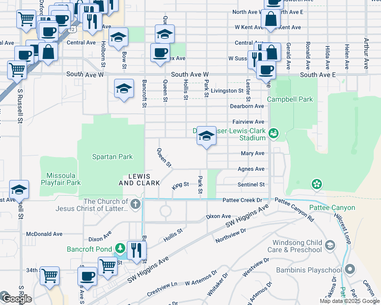 map of restaurants, bars, coffee shops, grocery stores, and more near 500 Benton Avenue in Missoula