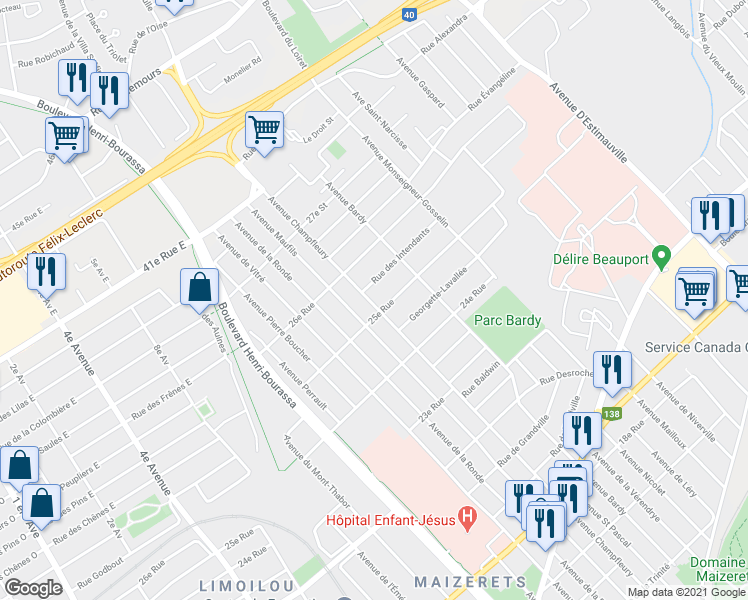 map of restaurants, bars, coffee shops, grocery stores, and more near 2530 Avenue Champfleury in Québec