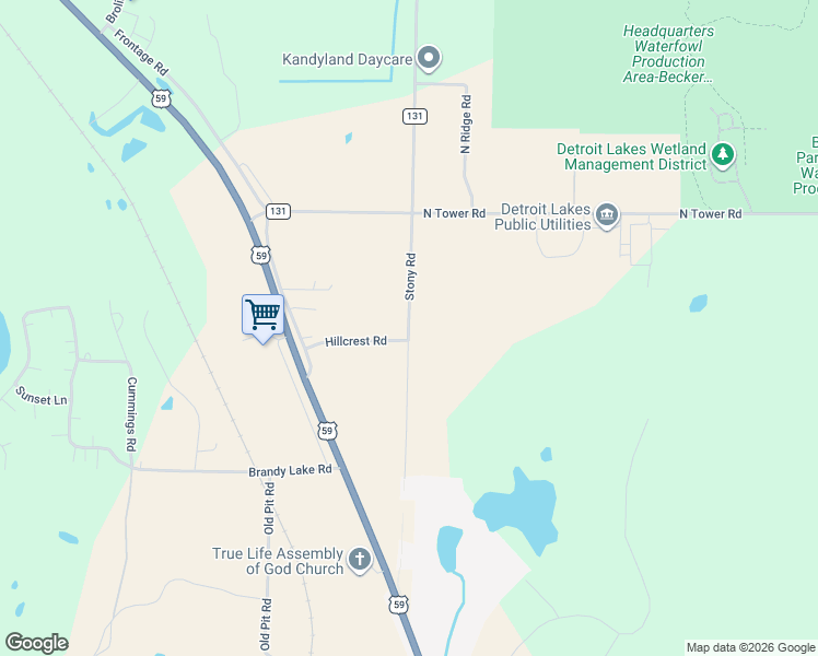 map of restaurants, bars, coffee shops, grocery stores, and more near 18870 Stony Road in Detroit Lakes
