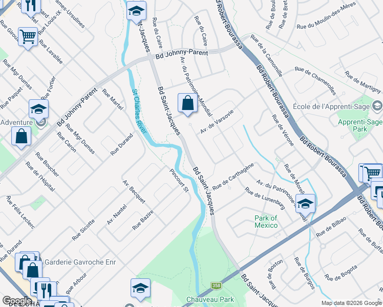 map of restaurants, bars, coffee shops, grocery stores, and more near 9536 Boulevard Saint Jacques in Québec