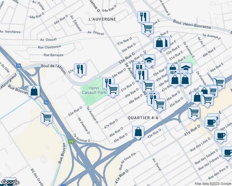 map of restaurants, bars, coffee shops, grocery stores, and more near 385 51e Rue Ouest in Ville de Québec