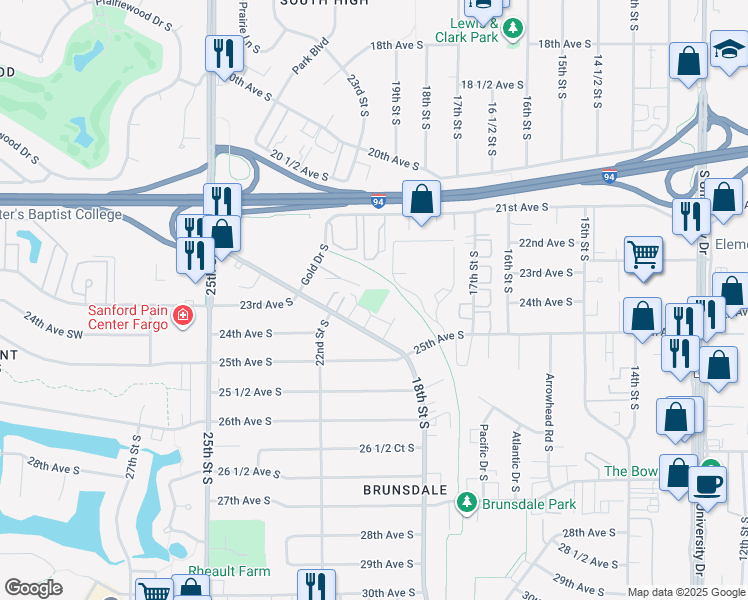 map of restaurants, bars, coffee shops, grocery stores, and more near 2400 18th Street South in Fargo