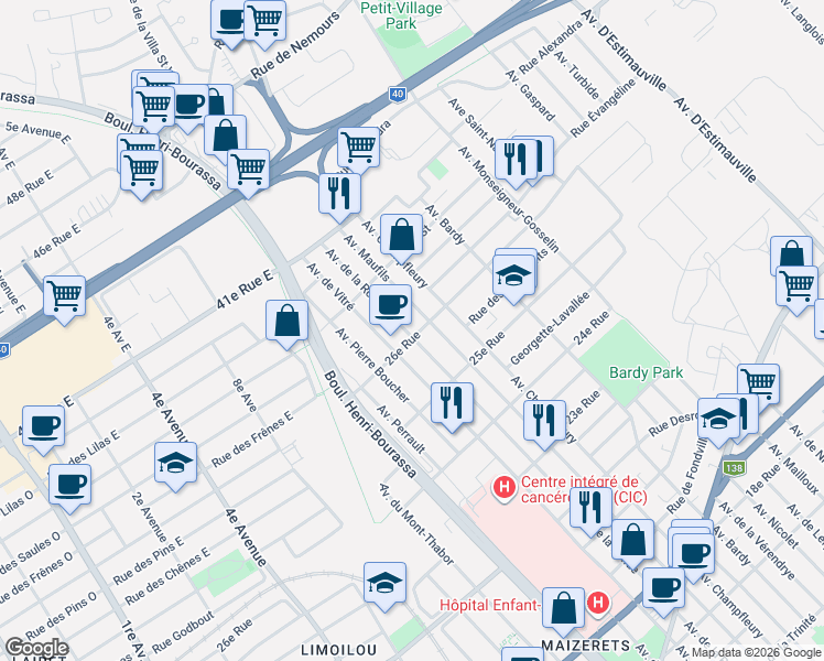 map of restaurants, bars, coffee shops, grocery stores, and more near 2602 Avenue de la Ronde in Québec