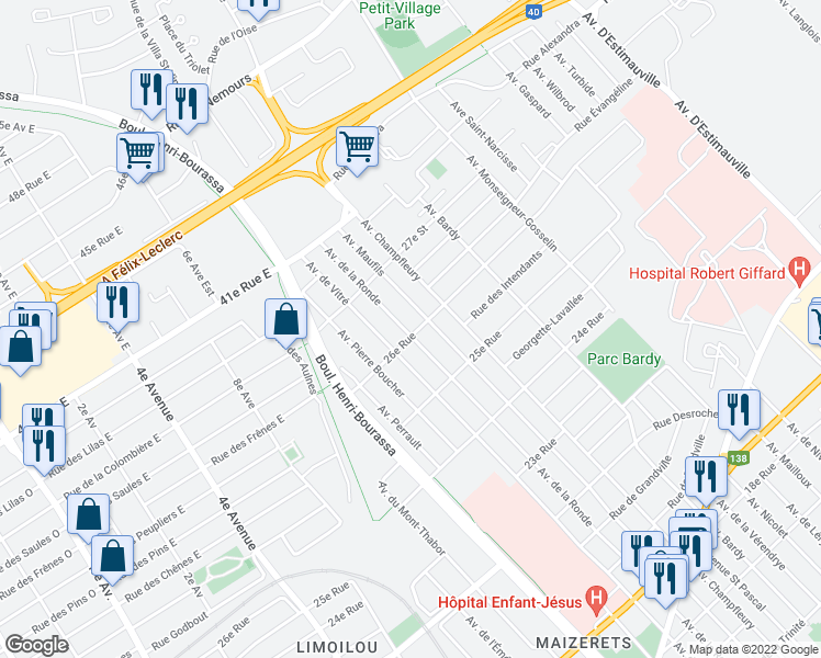 map of restaurants, bars, coffee shops, grocery stores, and more near 2602 Avenue de la Ronde in Québec