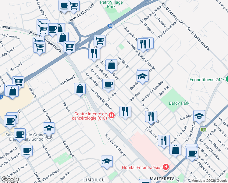 map of restaurants, bars, coffee shops, grocery stores, and more near 2602 Avenue de la Ronde in Ville de Québec