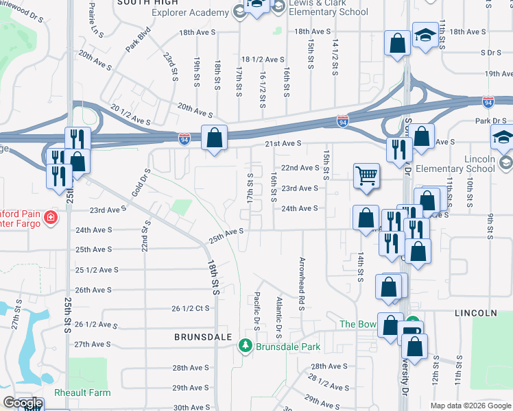 map of restaurants, bars, coffee shops, grocery stores, and more near 2402 17th Street South in Fargo