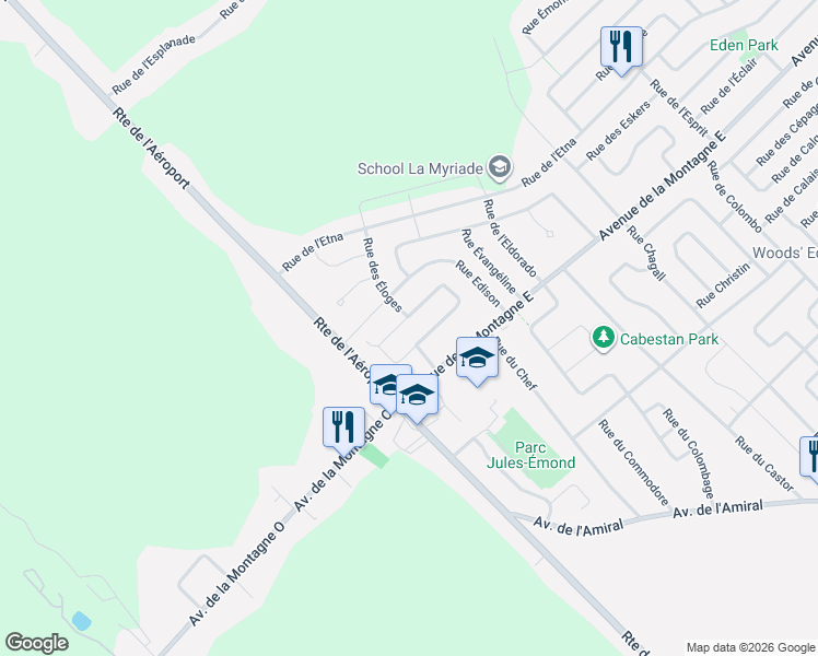 map of restaurants, bars, coffee shops, grocery stores, and more near 1320 Rue des Élans in Québec