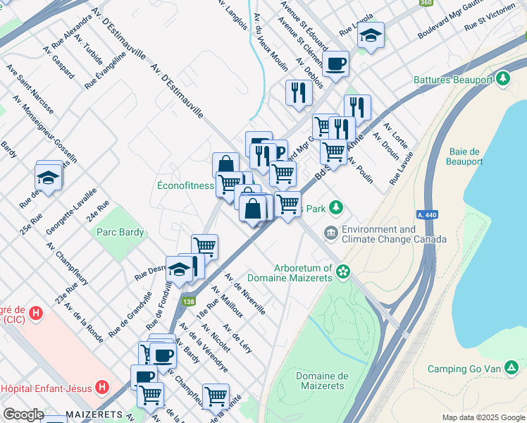 map of restaurants, bars, coffee shops, grocery stores, and more near 2485 Boulevard Sainte-Anne in Québec