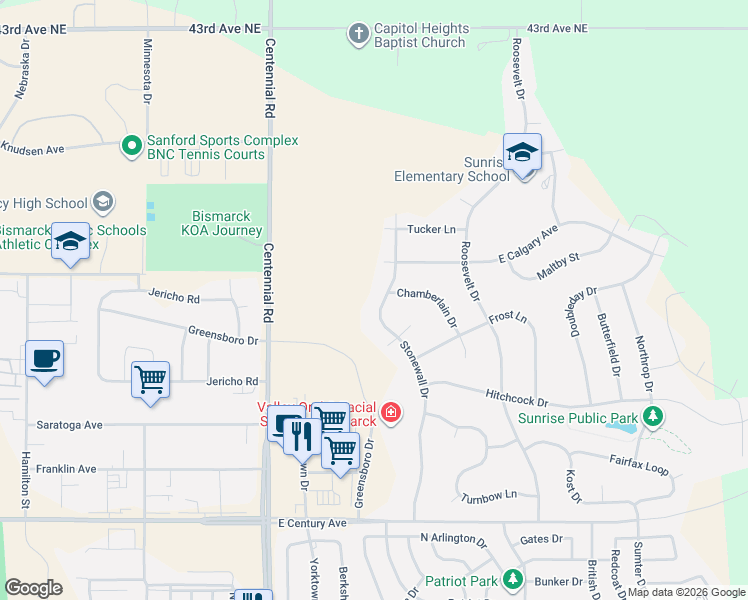 map of restaurants, bars, coffee shops, grocery stores, and more near 3506 Stonewall Drive in Bismarck