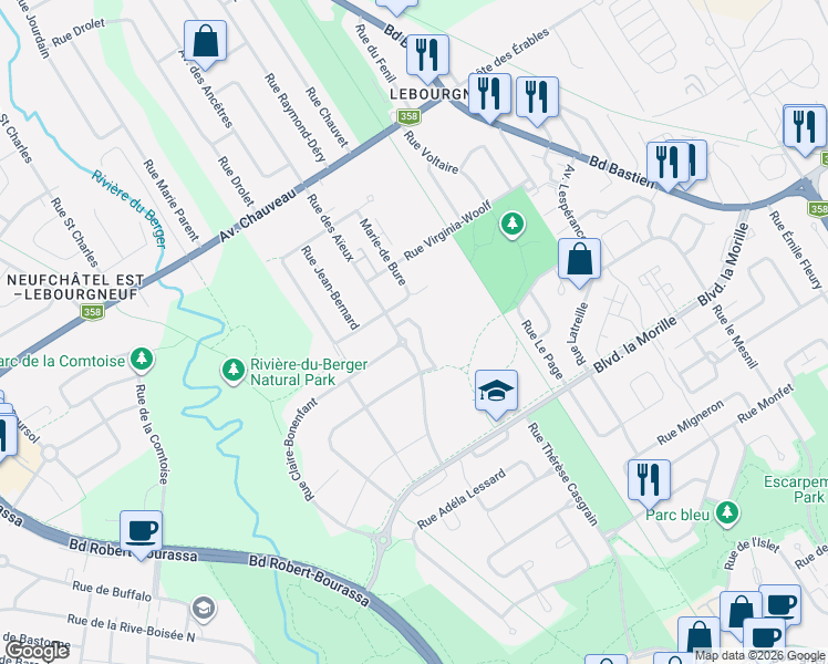 map of restaurants, bars, coffee shops, grocery stores, and more near 8451 Rue des Aïeux in Québec