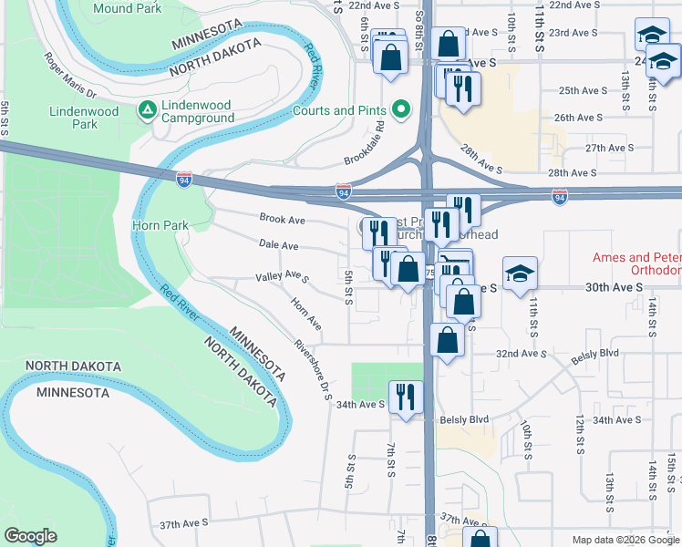 map of restaurants, bars, coffee shops, grocery stores, and more near 2913 5th Street South in Moorhead