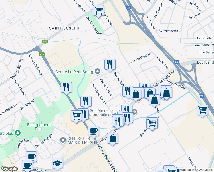 map of restaurants, bars, coffee shops, grocery stores, and more near 6400 Rue du Gabarit in Ville de Québec