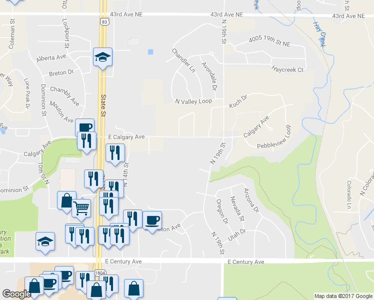 map of restaurants, bars, coffee shops, grocery stores, and more near 1701 East Calgary Avenue in Bismarck