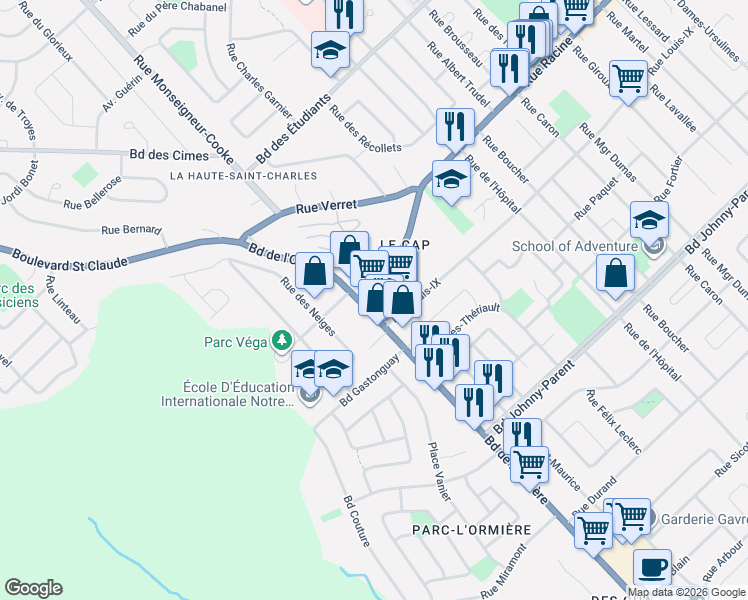 map of restaurants, bars, coffee shops, grocery stores, and more near 579 Rue Racine in Québec