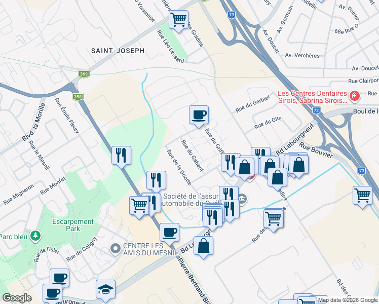 map of restaurants, bars, coffee shops, grocery stores, and more near 6405 Rue du Gabarit in Quebec