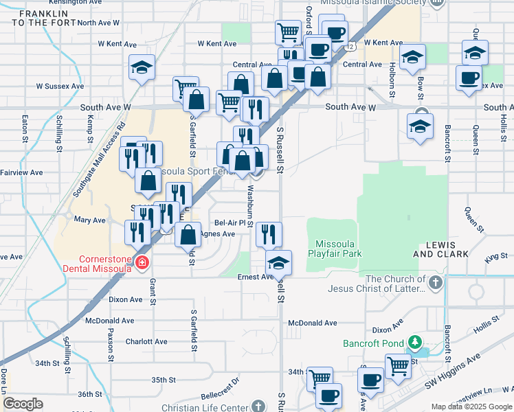 map of restaurants, bars, coffee shops, grocery stores, and more near 2801 South Russell Street in Missoula