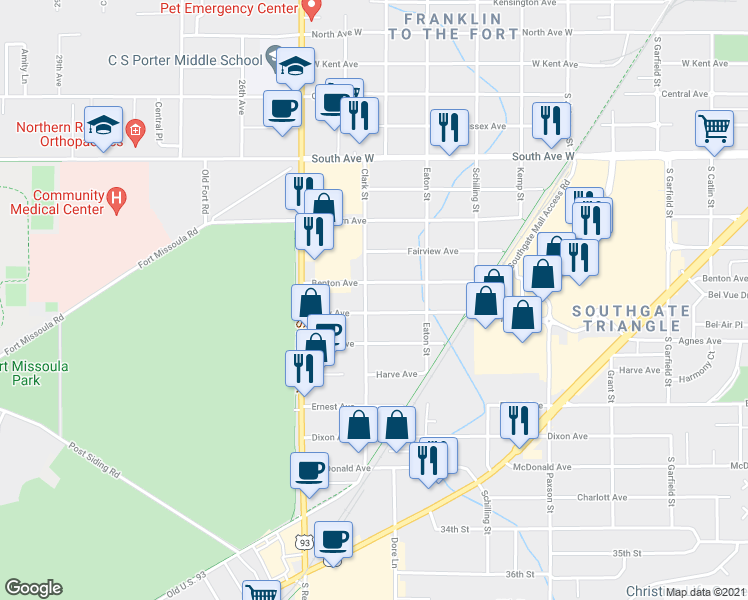 map of restaurants, bars, coffee shops, grocery stores, and more near 2335 Benton Avenue in Missoula