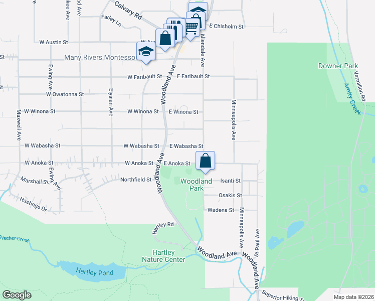 map of restaurants, bars, coffee shops, grocery stores, and more near 115 East Wabasha Street in Duluth