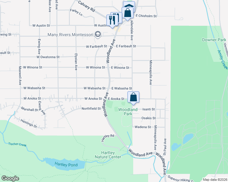 map of restaurants, bars, coffee shops, grocery stores, and more near 15 East Wabasha Street in Duluth