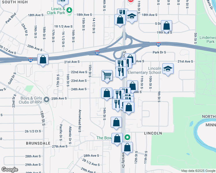 map of restaurants, bars, coffee shops, grocery stores, and more near 2301 South University Drive in Fargo