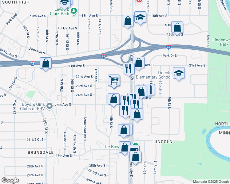 map of restaurants, bars, coffee shops, grocery stores, and more near 2301 South University Drive in Fargo