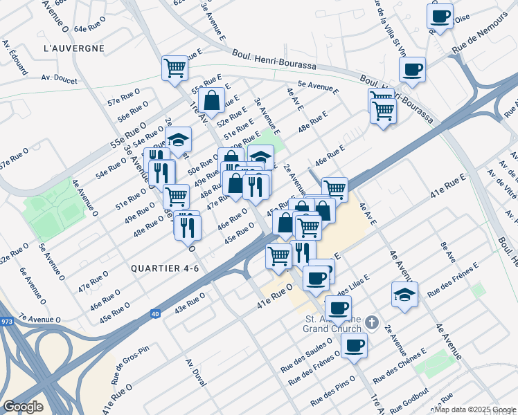 map of restaurants, bars, coffee shops, grocery stores, and more near 4560 1re Avenue in Québec
