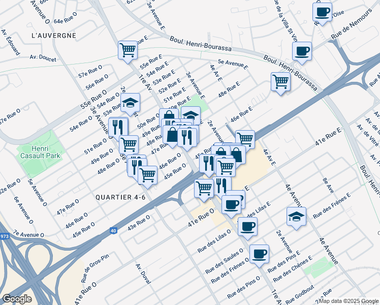 map of restaurants, bars, coffee shops, grocery stores, and more near 4560 1re Avenue in Québec
