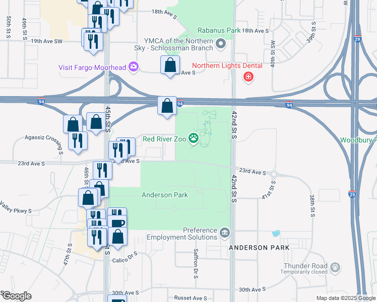 map of restaurants, bars, coffee shops, grocery stores, and more near 4255 23rd Avenue South in Fargo