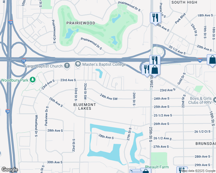 map of restaurants, bars, coffee shops, grocery stores, and more near 3001 23rd Avenue South in Fargo