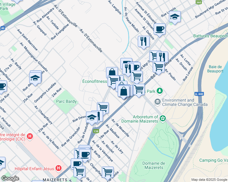 map of restaurants, bars, coffee shops, grocery stores, and more near 2485 Boulevard Sainte-Anne in Québec