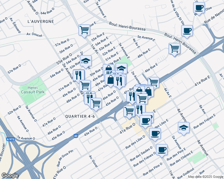 map of restaurants, bars, coffee shops, grocery stores, and more near 4635 1re Avenue in Québec