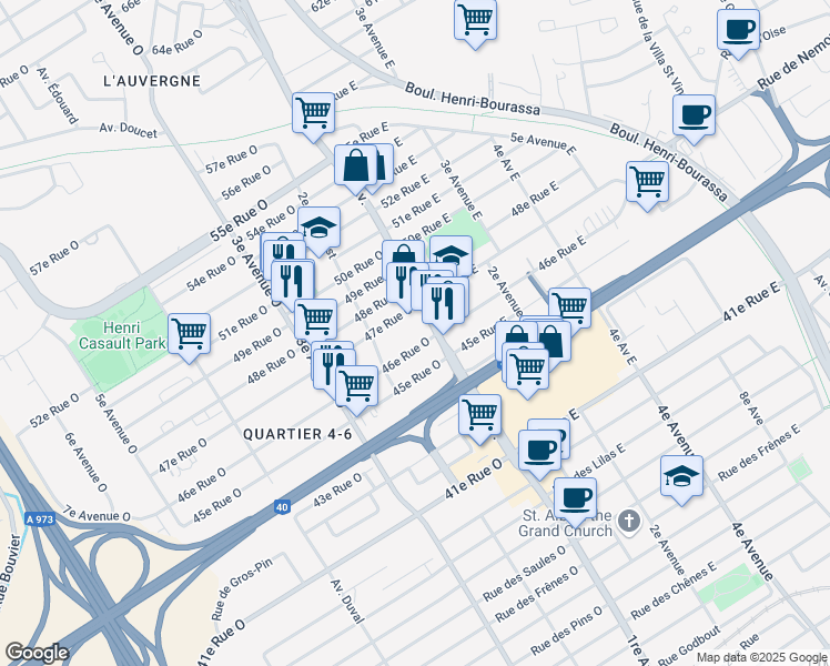 map of restaurants, bars, coffee shops, grocery stores, and more near 4635 1re Avenue in Québec