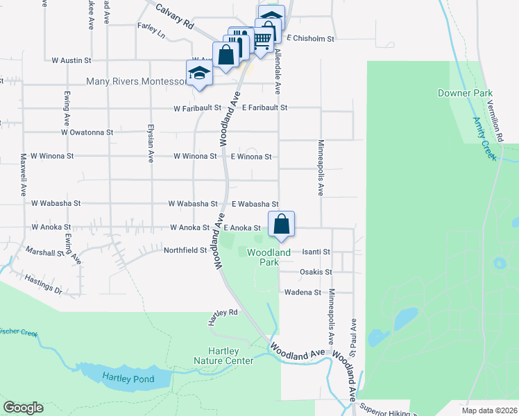 map of restaurants, bars, coffee shops, grocery stores, and more near 115 East Wabasha Street in Duluth