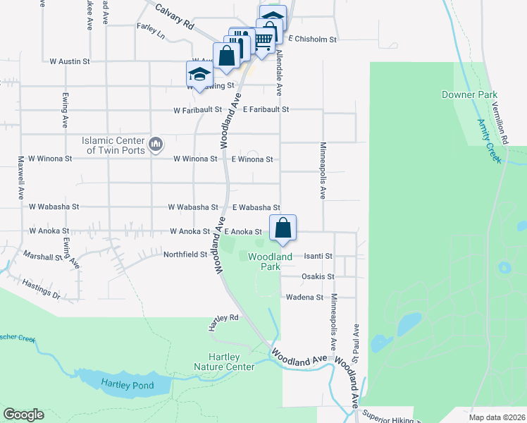 map of restaurants, bars, coffee shops, grocery stores, and more near 115 East Wabasha Street in Duluth