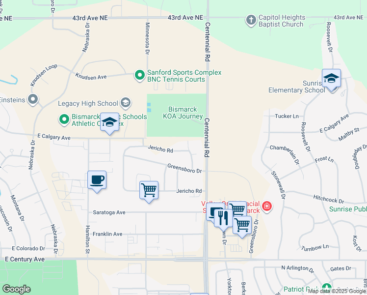 map of restaurants, bars, coffee shops, grocery stores, and more near 3210 Jericho Road in Bismarck