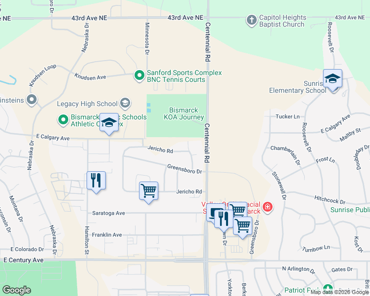 map of restaurants, bars, coffee shops, grocery stores, and more near 4009 East Calgary Avenue in Bismarck