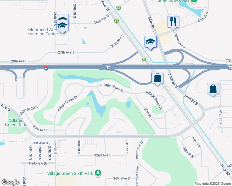 map of restaurants, bars, coffee shops, grocery stores, and more near 3305 Village Green Drive in Moorhead