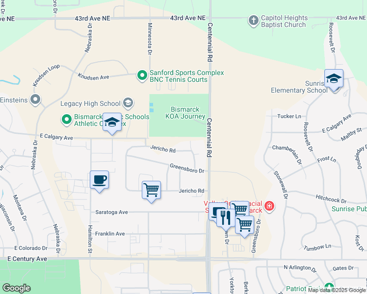 map of restaurants, bars, coffee shops, grocery stores, and more near 3212 Jericho Road in Bismarck