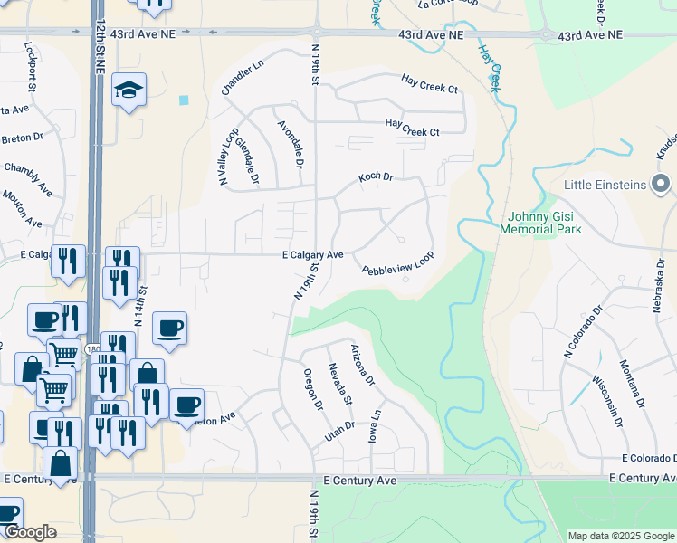 map of restaurants, bars, coffee shops, grocery stores, and more near 3619 Augusta Way in Bismarck