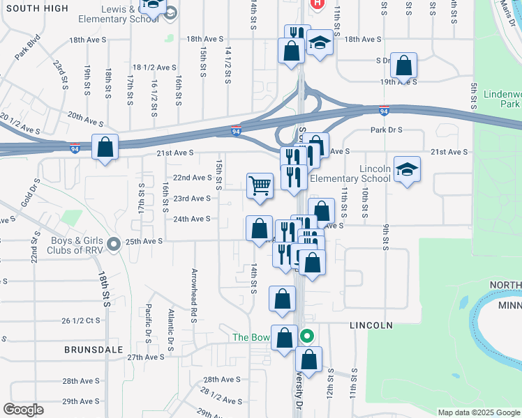 map of restaurants, bars, coffee shops, grocery stores, and more near 2301 South University Drive in Fargo